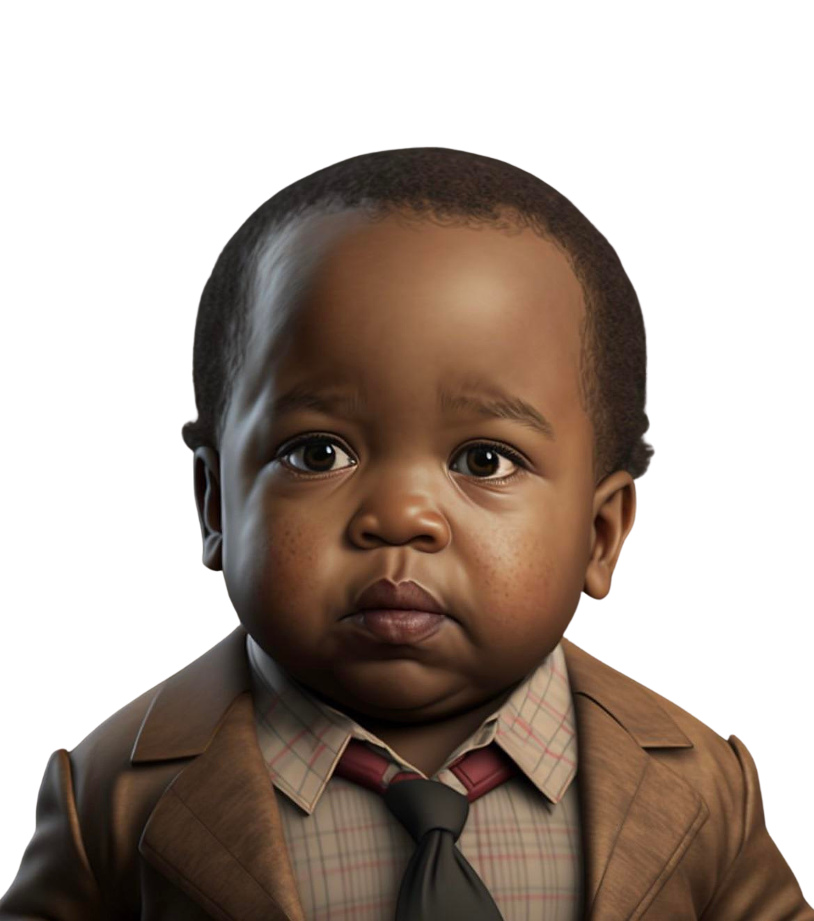 a close up of a baby wearing a brown business suit and tie